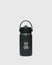 The KIDS PSYCHO BUNNY WATER BOTTLE - B0A375E200 by Psycho Bunny is a black, stainless steel, leak-resistant insulated bottle with a handle on top and features a unique skull with rabbit ears logo on the front against a plain white background.