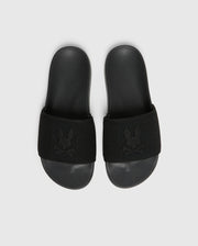 A pair of Psycho Bunny's KIDS KNIT SLIDES (B0A377F200) in black with molded footbeds and textured straps featuring a subtle pattern lies side by side on a white background.