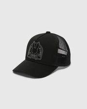 This Psycho Bunny KIDS MELBOURNE GRAPHIC TRUCKER HAT features a black design, mesh back, snap-back strap, stylish curved brim, and front embroidery of a rabbit skull and crossbones with "Psycho Bunny" in white outline.