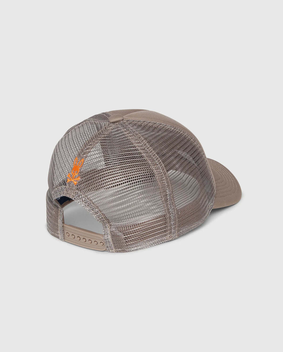 Viewed from the back, the Psycho Bunny KIDS PARIS TRUCKER CAP - B0A591C200 features an adjustable strap, a solid brim, and an embroidered orange bunny logo on the left mesh panel of its brown design.