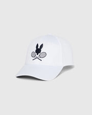 The Psycho Bunny KIDS COURTSIDE SPORT CAP in white, with an embroidered black bunny silhouette above crossed tennis rackets, makes a perfect tennis-inspired staple. Displayed against a plain light gray background. Model: B0A685C200.