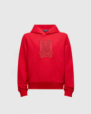 The Psycho Bunny KIDS PIERCE ESSENTIAL FRENCH TERRY HOODIE (B0H135E200) is crafted from comfortable French terry cotton and showcases a stylish front design featuring a bunny silhouette above crossbones. This pullover sweatshirt includes a practical front pocket and hood, all presented on a plain white background.