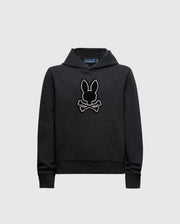 The KIDS ALEXANDER HOODIE - B0H154E200 by Psycho Bunny is a versatile pullover hoodie featuring a stylized bunny head logo with crossed bones beneath. Designed for comfort, it provides a relaxed fit with a front pocket and ribbed cuffs, making it an ideal choice as a kids' black hoodie.