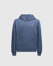 The KIDS LEVY ESSENTIAL FLEECE HOODIE - B0H859D200 by Psycho Bunny in blue features a kangaroo pocket and a small embroidered rabbit logo on the left chest. Crafted from 100% cotton, its plain white base accentuates its timeless style.
