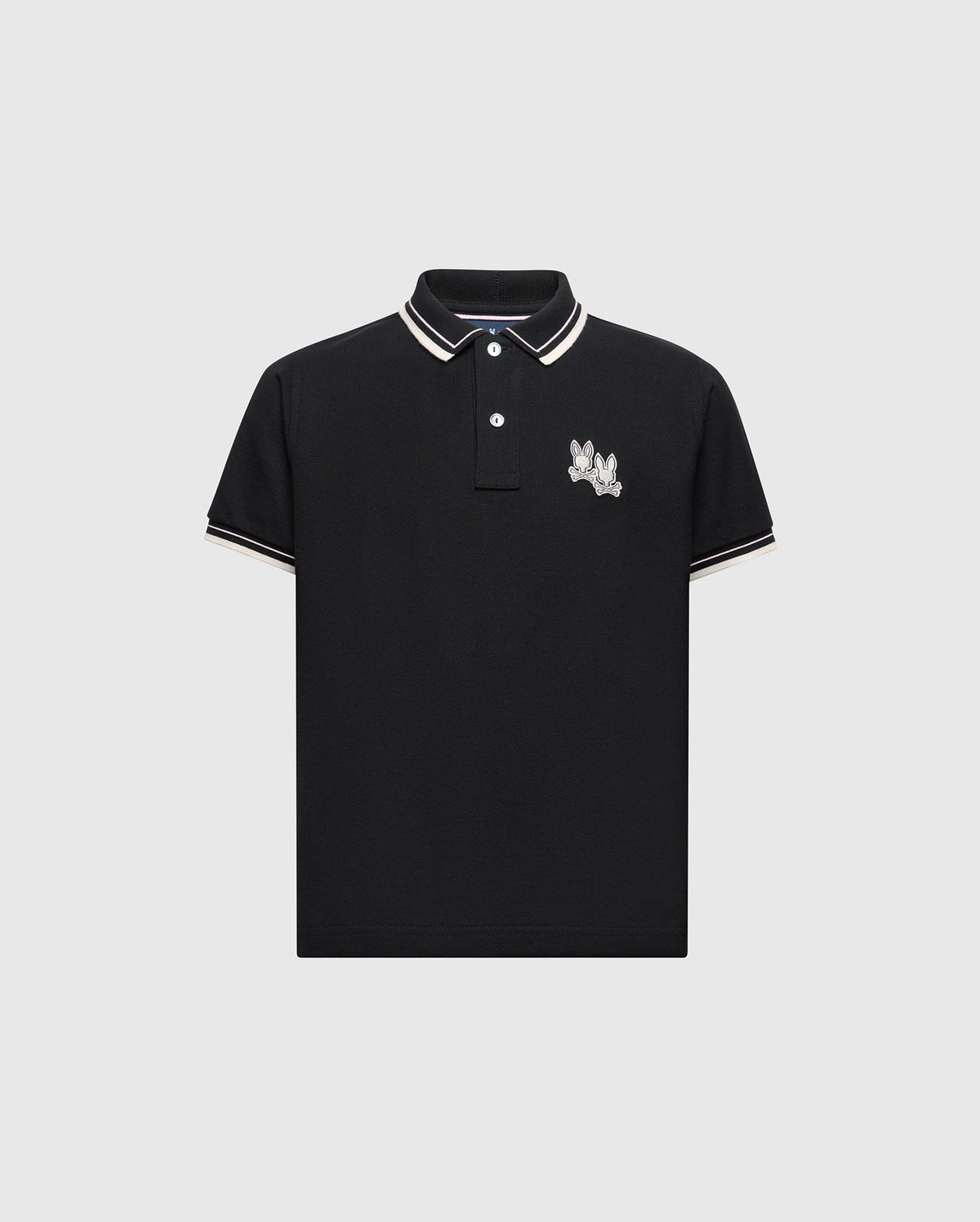 The Psycho Bunny KIDS ELLIOT PIQUE POLO (B0K505F200) features soft Pima cotton in black with a white-tipped collar and sleeves and an embroidered Bunny on the left chest.