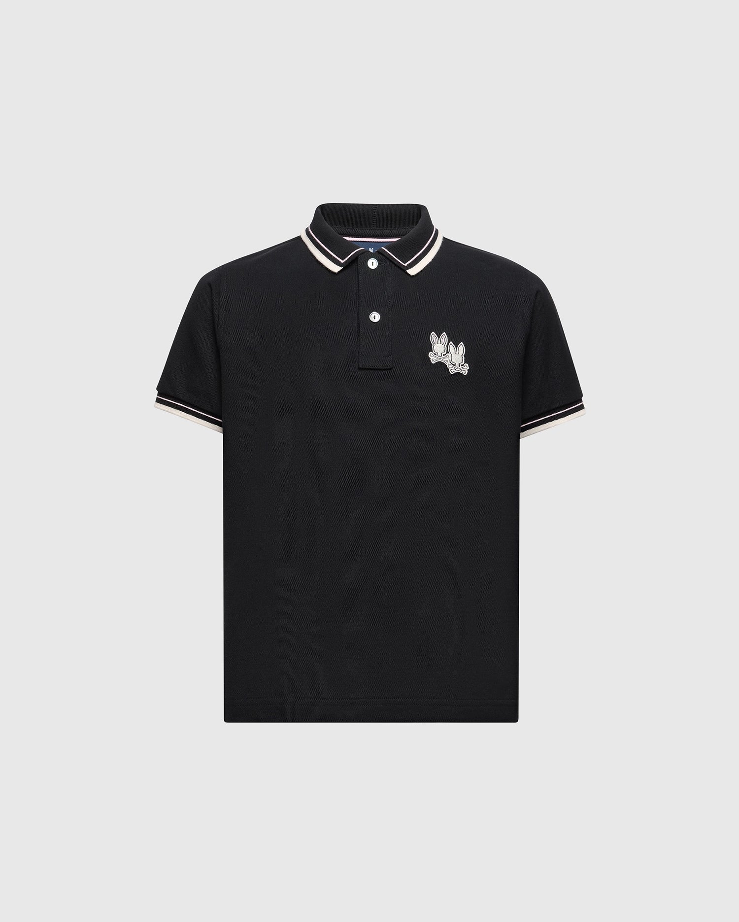 The Psycho Bunny KIDS ELLIOT PIQUE POLO (B0K505F200) features soft Pima cotton in black with a white-tipped collar and sleeves and an embroidered Bunny on the left chest.