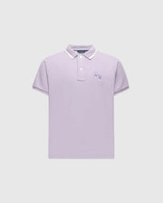 The KIDS ELLIOT PIQUE POLO - B0K505F200 by Psycho Bunny is a stylish lavender Pima cotton polo with white trim on the collar and sleeves. It features two cartoon-like rabbits embroidered on the left chest against a light gray background.