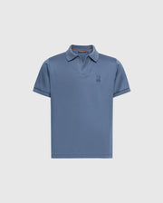 The KIDS BROADWAY PIMA INTERLOCK JOHNNY COLLAR POLO by Psycho Bunny features a blue short-sleeved design made from luxurious mercerized Pima cotton, a stylish Johnny collar, and a subtle embroidered logo on the left chest against a plain light grey background.