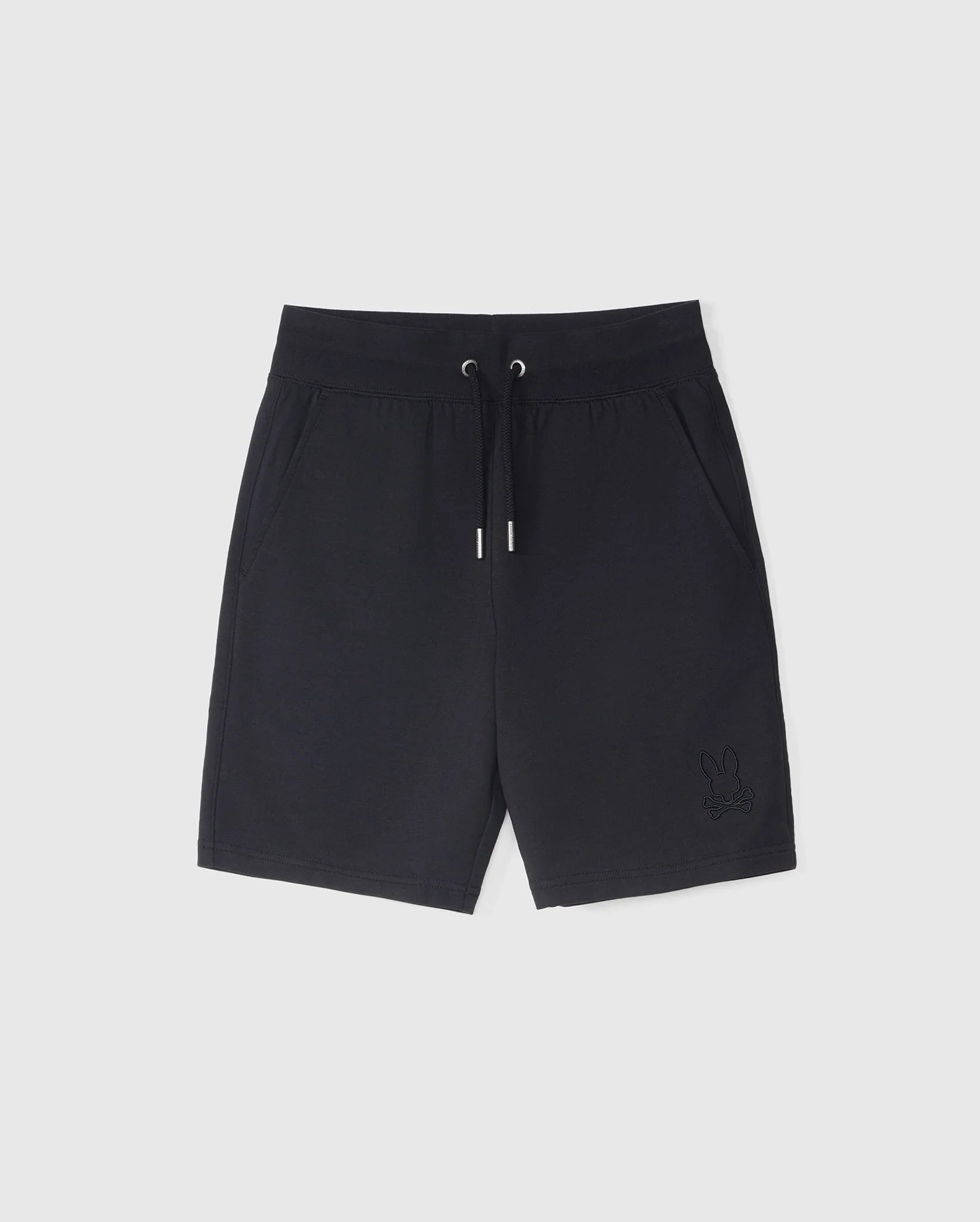 Black KIDS LIVINGSTON TERRY SWEATSHORT - B0R408B200 by Psycho Bunny with side pockets and a small embroidered bunny logo at the bottom left corner, placed against a plain white background.