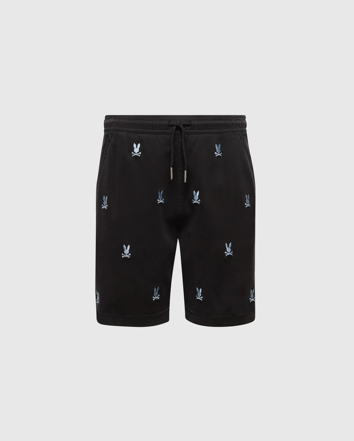 The Psycho Bunny KIDS ALL OVER WILLIS STRETCH TENCEL SHORT (B0R559F200) is a pair of black shorts featuring a drawstring waistband, regular fit, light blue embroidered bunny pattern, and side pockets. Made from comfortable Stretch Tencel™, these shorts are shown against a plain gray background.