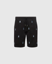 The Psycho Bunny KIDS ALL OVER WILLIS STRETCH TENCEL SHORT (B0R559F200) is a pair of black shorts featuring a drawstring waistband, regular fit, light blue embroidered bunny pattern, and side pockets. Made from comfortable Stretch Tencel™, these shorts are shown against a plain gray background.