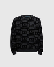 A black KIDS ROMEO LIGHTWEIGHT SWEATSHIRT - B0S129E200 by Psycho Bunny, showcasing a bunny-patterned design with "Psycho Bunny" text and logos in dark grey squares, all enhanced by a velvet finish. The balanced pattern is evenly distributed across the entire garment.