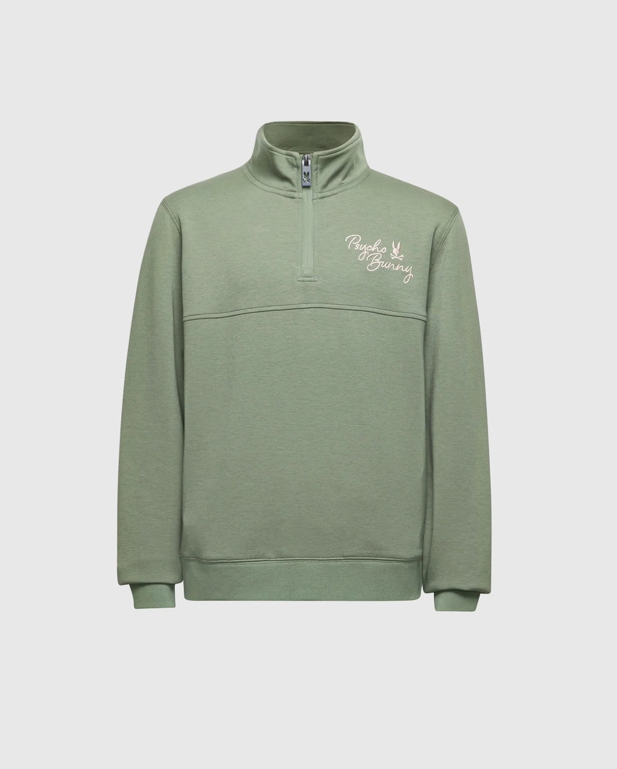 The Psycho Bunny KIDS DESERT 1/4 MOCK ZIP - B0S488F200 is a green, 100% cotton quarter-zip sweatshirt from the Desert line, featuring a stand collar and a small logo on the left chest.