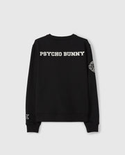 The KIDS ZACK VARSITY SWEATSHIRT - B0S880D200 by Psycho Bunny is a black varsity sweatshirt that prominently displays "Psycho Bunny" in bold white lettering on the back, accompanied by a vintage-inspired logo with chenille embroidery on the left sleeve.