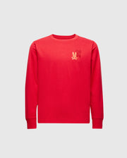 The KIDS PIERCE LONG SLEEVE BACK GRAPHIC TEE (B0T178E200) by Psycho Bunny is a vibrant red tee for kids, featuring an embroidered bunny design on the left chest. It's crafted from soft Pima cotton and set against a light gray backdrop.