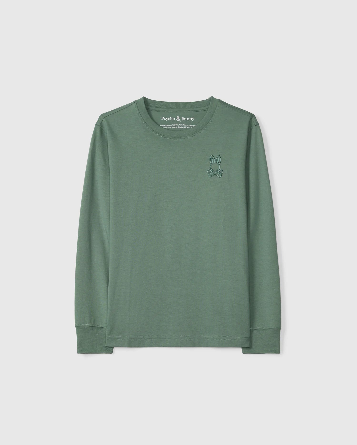 The KIDS ALBERTON LONG SLEEVE TEE - B0T867D200 from Psycho Bunny is crafted in a soft Pima cotton in green, featuring a subtle embroidered rabbit outline on the left chest. Ideal for layering, it beautifully complements a plain white background.