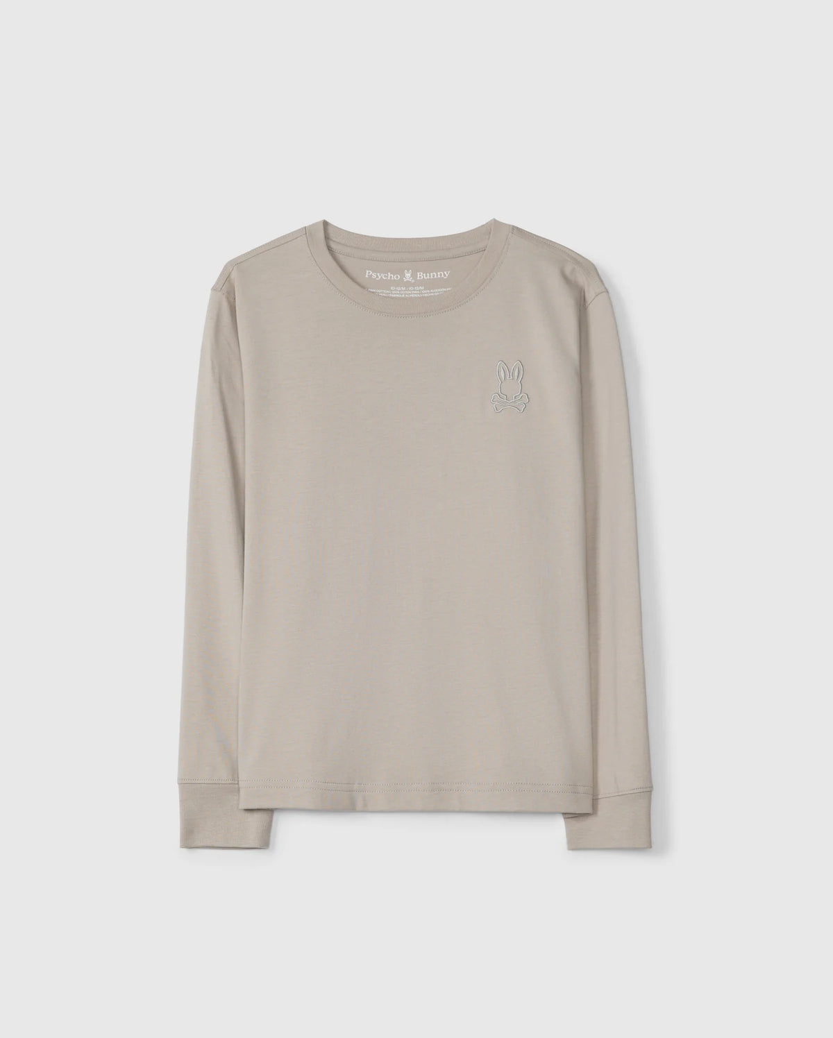 Introducing the KIDS ALBERTON LONG SLEEVE TEE - B0T867D200 by Psycho Bunny: a light beige Pima cotton long-sleeve tee featuring a regular fit with a round neckline. Adorned with a modest rabbit illustration on the left chest, this shirt offers both comfort and style for casual occasions.
