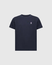 The Psycho Bunny KIDS CLASSIC CREW NECK TEE (B0U014CRPC) is a versatile black T-shirt made from 100% Pima cotton. It features a small white logo with crossed bones on the left chest, offering a minimalist design perfect for back-to-school outfits, with short sleeves and a crew neckline.