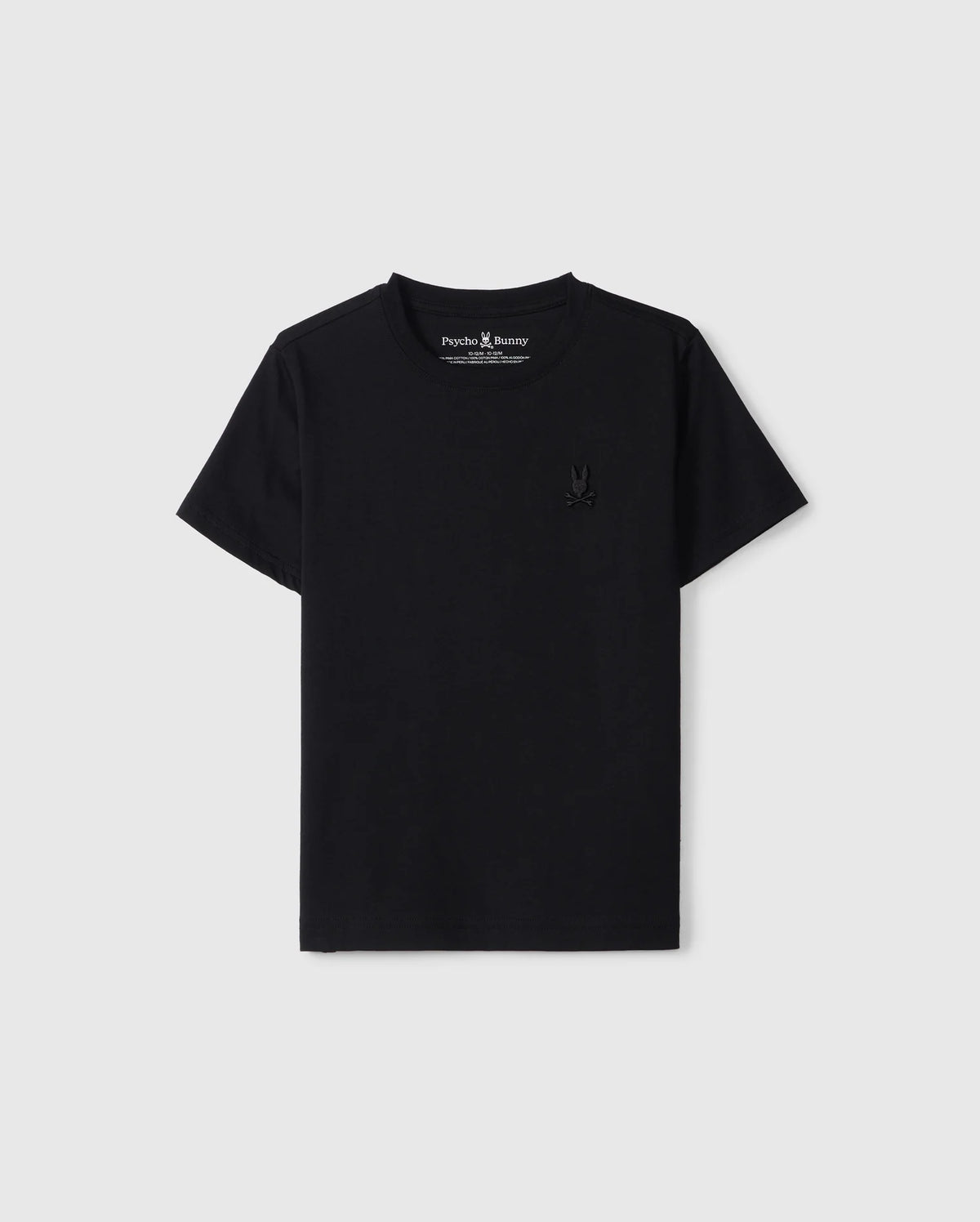 A plain black Psycho Bunny T-shirt against a white background. The KIDS EMBROIDERED CLASSIC TEE - B0U020AR00 features short sleeves and a small embroidered black rabbit logo on the left chest. The neckline is round, and the material, made from Peruvian Pima cotton, appears to be soft and comfortable—a truly timeless silhouette.