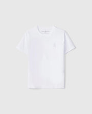 A plain white crew neck tee for kids, made from soft Peruvian Pima cotton with short sleeves. The KIDS EMBROIDERED CLASSIC TEE - B0U020AR00 features a subtle small embroidered Psycho Bunny logo on the left side of the chest. The background is a light grey.