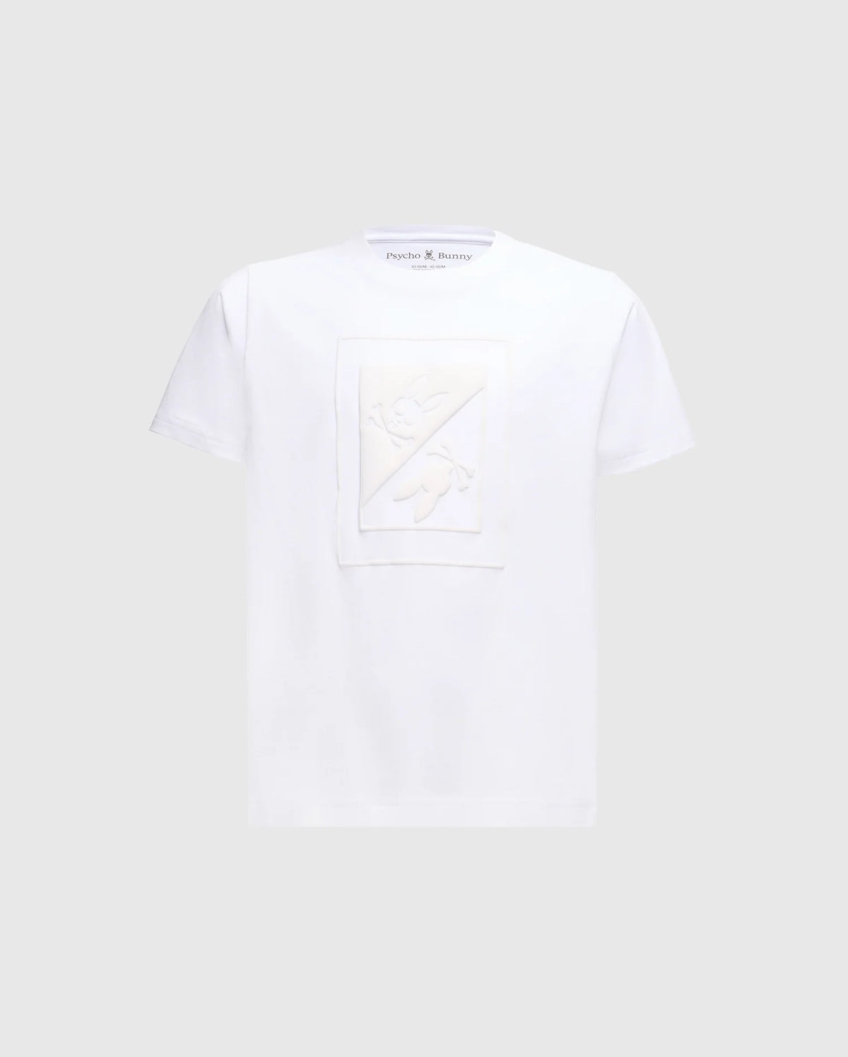 Introducing the KIDS DOTSERO PRINTED GRAPHIC TEE - B0U197E200 by Psycho Bunny. This white T-shirt is expertly crafted from luxurious Peruvian Pima Cotton and showcases a subtle rectangular embossed design on the front with abstract patterns. The brand label is prominently displayed inside the neckline against a light gray background.