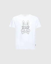 The KIDS DUMON GRAPHIC TEE - B0U271E200 by Psycho Bunny is a stylish white tee made from soft Pima Cotton, featuring the iconic gray stylized bunny head above crossed bones design.