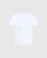 The Psycho Bunny KIDS CORTES GRAPHIC TEE - B0U328E200 is a trendy option for children, showcasing a stylized bunny head with elongated ears and crossbones beneath, all printed in a gradient from light blue to light green on the front. Made entirely from 100% cotton, it offers supreme comfort.