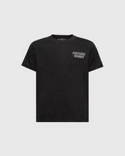 The KIDS SYDNEY BACK GRAPHIC TEE by Psycho Bunny is a black Pima cotton T-shirt featuring short sleeves and a small white "Psycho Bunny" logo in a water-based print on the upper left chest, set against a plain white background.