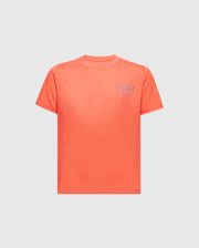 The KIDS SYDNEY BACK GRAPHIC TEE - B0U509F200 by Psycho Bunny is an orange, short-sleeve crew neck T-shirt made of soft Pima cotton with a small white "Psycho Bunny" logo on the upper left chest, offering a regular fit against a light gray background.