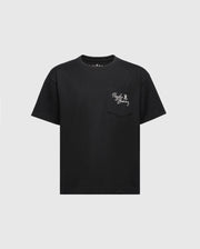 This black heavyweight jersey KIDS DESERT OVERSIZED POCKET TEE by Psycho Bunny features short sleeves and a left chest pocket with "Peace Bunny" in white embroidery, alongside a peace sign and bunny graphic. The light gray backdrop offers a subtle contrast. Product Code: B0U512F200.