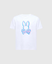 The KIDS ANDROS GRAPHIC TEE - B0U525F200 by Psycho Bunny is crafted in Peru from soft Pima Cotton. It features a striking blue and pink neon-like bunny head with crossed bones on a light gray background, adding an edgy flair.