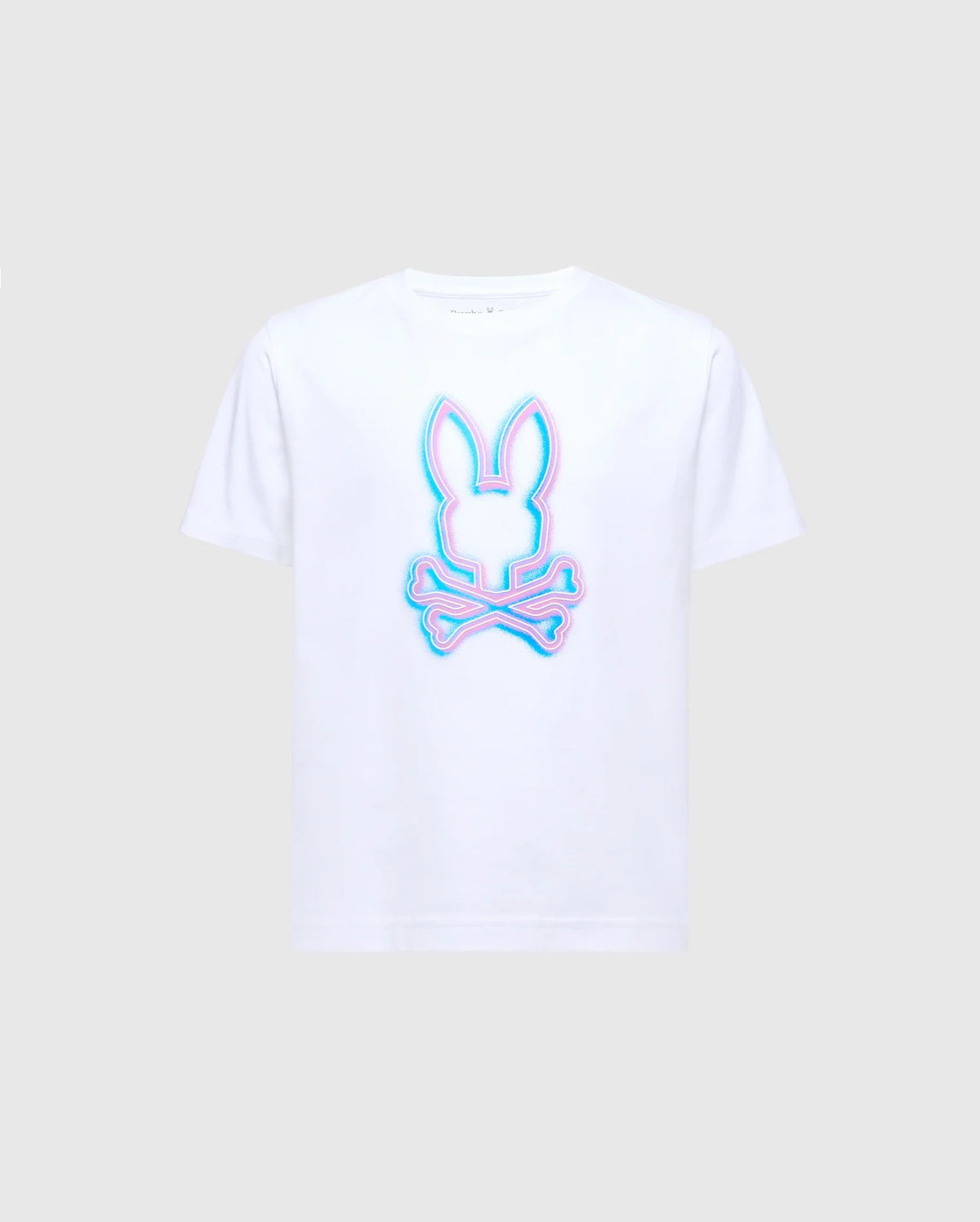 The KIDS ANDROS GRAPHIC TEE - B0U525F200 by Psycho Bunny is crafted in Peru from soft Pima Cotton. It features a striking blue and pink neon-like bunny head with crossed bones on a light gray background, adding an edgy flair.