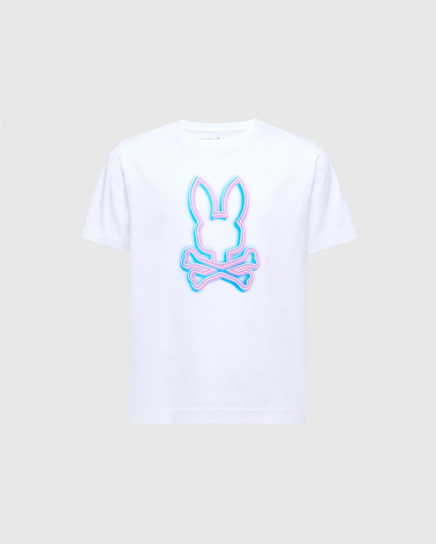 The KIDS ANDROS GRAPHIC TEE - B0U525F200 by Psycho Bunny is crafted in Peru from soft Pima Cotton. It features a striking blue and pink neon-like bunny head with crossed bones on a light gray background, adding an edgy flair.