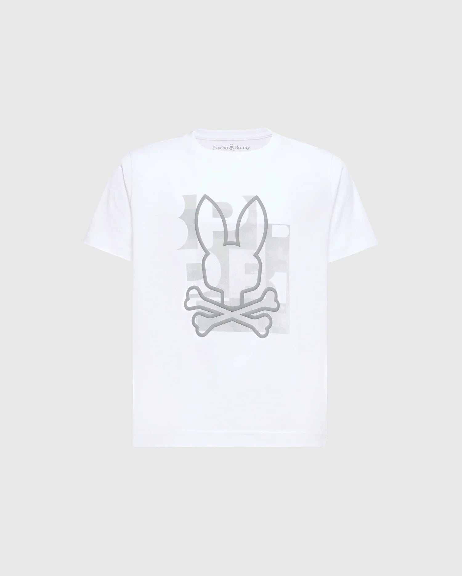 The KIDS ZEALAND GRAPHIC TEE (B0U604F200) by Psycho Bunny features a large gray skull with bunny ears graphic and is crafted from soft white Pima cotton.