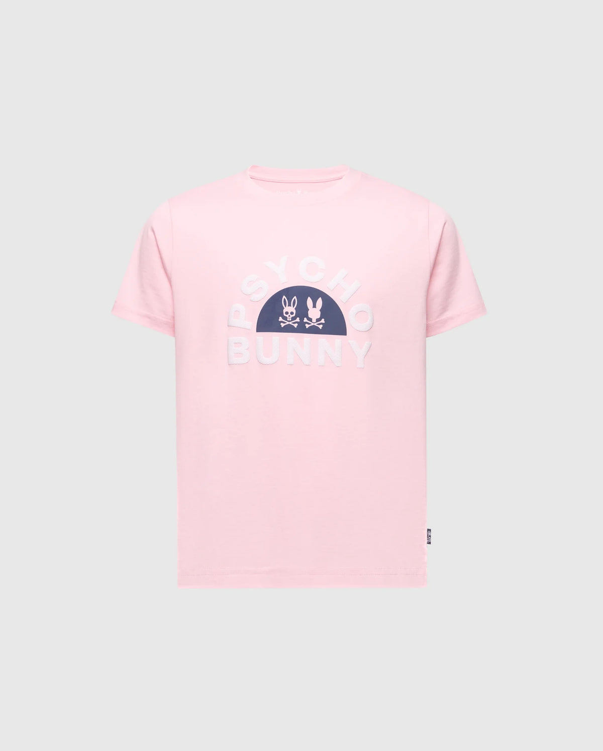 Presenting the KIDS GOLDIE GRAPHIC TEE - B0U606F200: a pink tee by Psycho Bunny, made of soft Pima Cotton, featuring "PSYCHO BUNNY" text and two bunny faces with crossbones on the front.