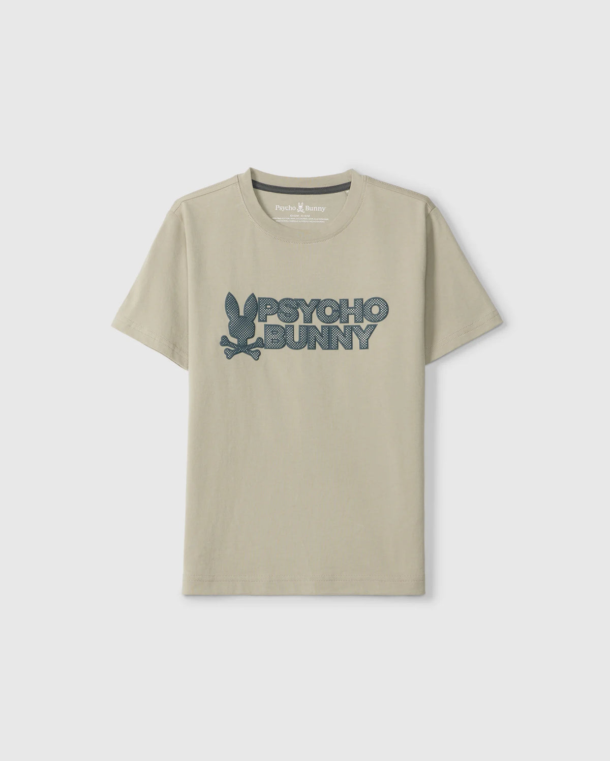 The KIDS MELVIN GRAPHIC TEE - B0U663C200 by Psycho Bunny is a beige Pima cotton t-shirt showcasing an HD-silicone print wordmark graphic of a bunny and the "Psycho Bunny" text.