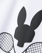 A black silhouette resembling a stylized bunny head with two crossbones made up of tennis rackets is printed on a white background, creating the perfect design for the Psycho Bunny KIDS COURTSIDE GRAPHIC TEE - B0U681C200.
