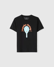 The KIDS COURTSIDE GRAPHIC TEE - B0U682C200 by Psycho Bunny is an ideal choice for children, showcasing a black tennis-inspired design with a light blue bunny logo inside a tennis racket, encircled by "Psycho Bunny" in orange and adorned with small orange stars.
