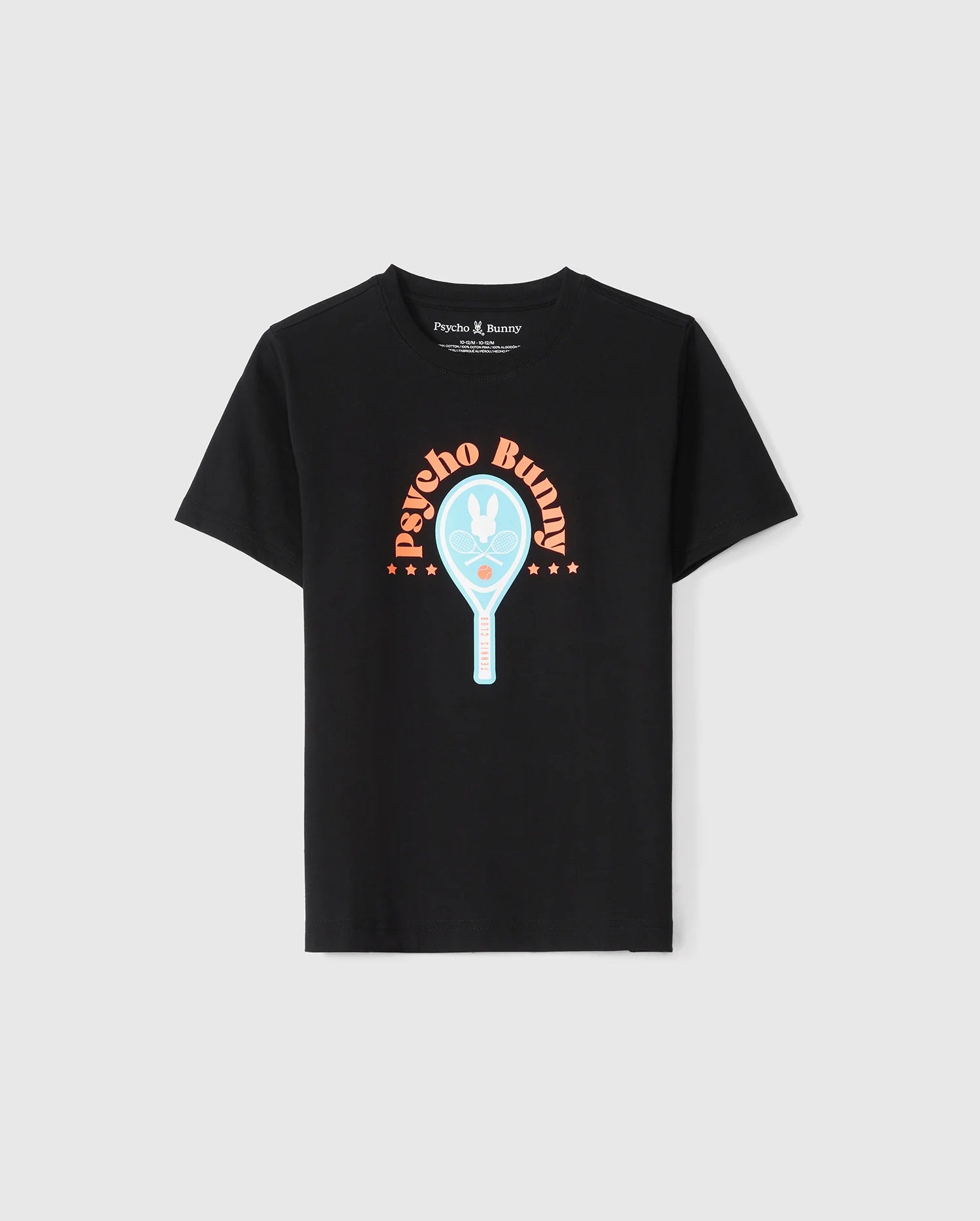 The KIDS COURTSIDE GRAPHIC TEE - B0U682C200 by Psycho Bunny is an ideal choice for children, showcasing a black tennis-inspired design with a light blue bunny logo inside a tennis racket, encircled by "Psycho Bunny" in orange and adorned with small orange stars.