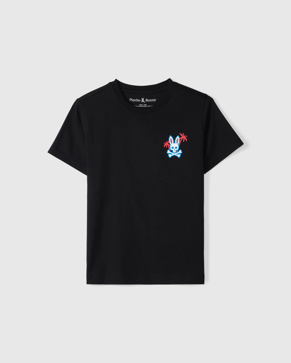 The KIDS LOS ANGELES CITY TEE - B0U861A2PC by Psycho Bunny is a black, short-sleeved, round-neck T-shirt made from Peruvian Pima cotton. It features a small, colorful graphic design of a rabbit wearing sunglasses and holding palm leaves on the left chest area, with vibrant red and blue colors that stand out brilliantly.