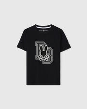 Made from soft Pima cotton, the KIDS ZACK GRAPHIC TEE by Psycho Bunny features a black design with the iconic Psycho Bunny logo seamlessly placed over a large "B" on the front, set against a plain background for an effortlessly stylish appearance.