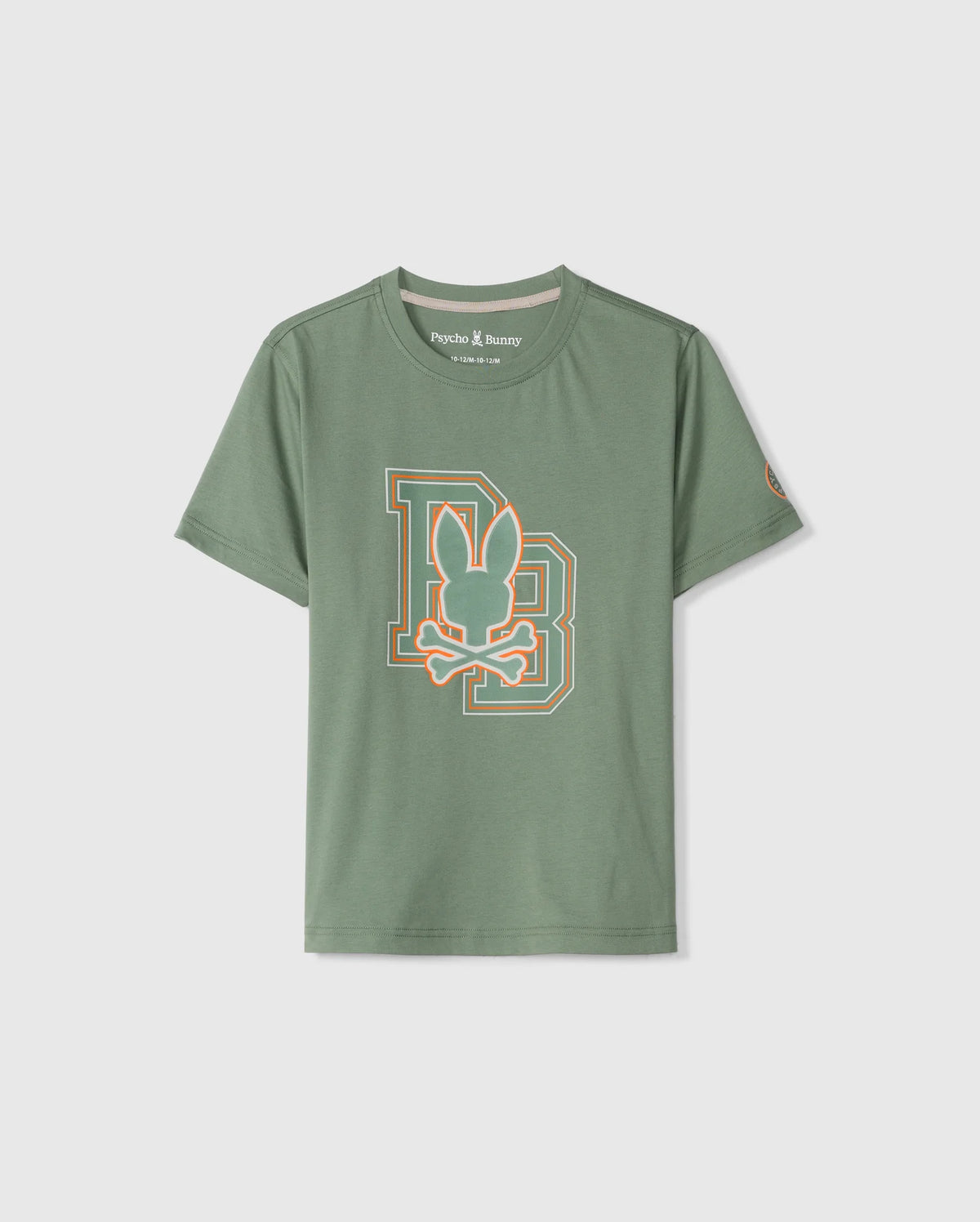 The KIDS ZACK GRAPHIC TEE - B0U897D200 by Psycho Bunny is a green tee made from soft Pima cotton, showcasing a printed design with a stylized letter "B," a bunny silhouette, and a skull. This short-sleeve tee features a round neckline for enhanced comfort and style.