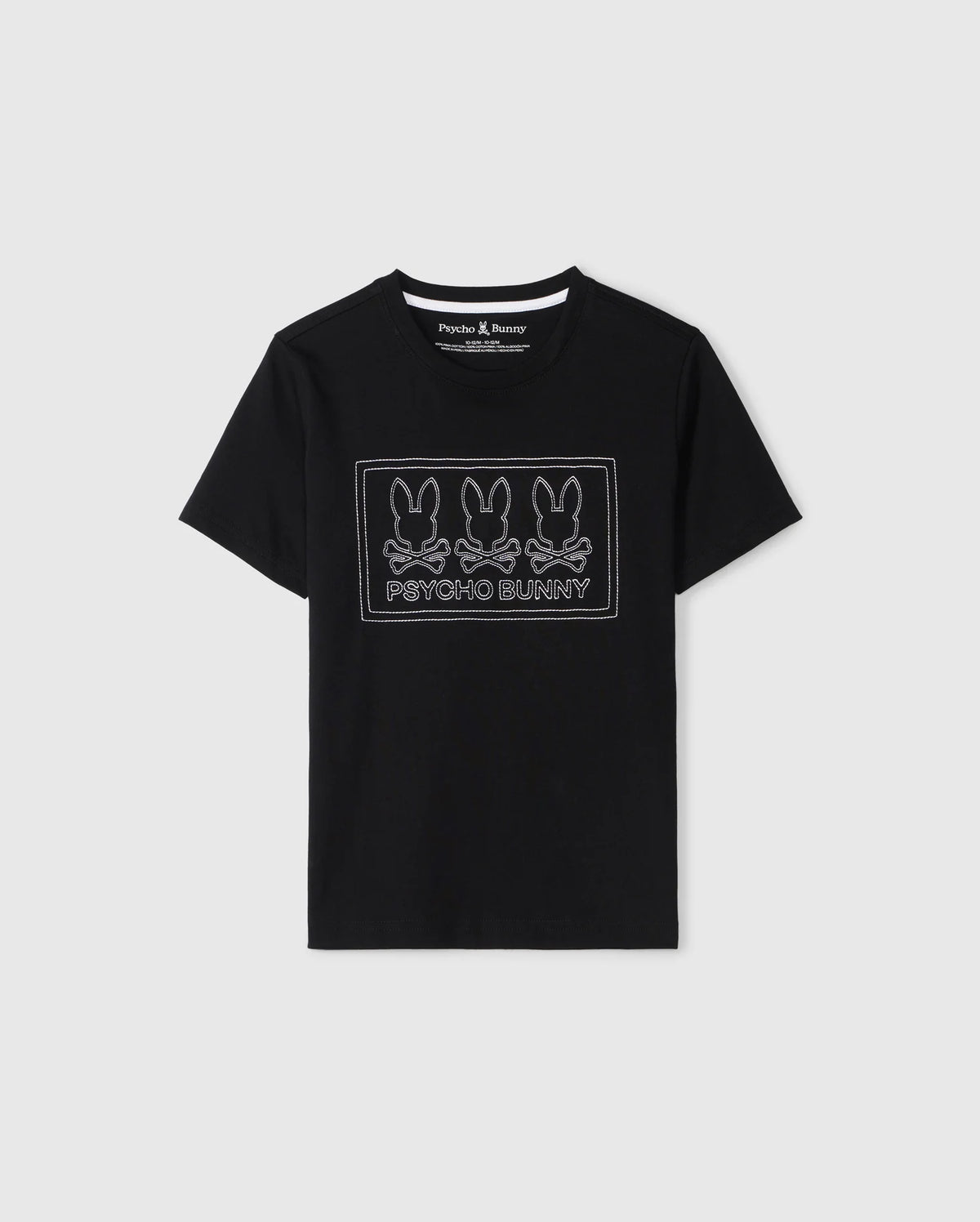 KIDS TACOMA GRAPHIC TEE by Psycho Bunny in black Pima cotton, featuring a rectangular design with three bunny outlines above the text "Psycho Bunny" in white, accented by subtle embroidered details.