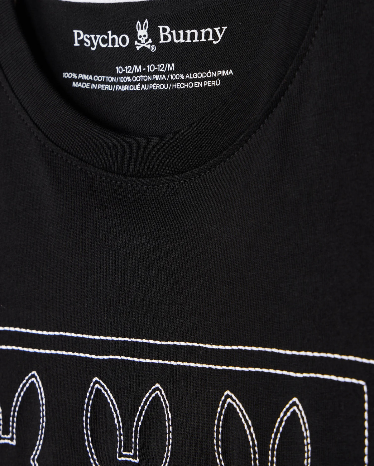The KIDS TACOMA GRAPHIC TEE - B0U909D200 by Psycho Bunny is a black tee featuring an embroidered design of three bunny outlines on the front, with "Psycho Bunny" text visible on the neck label. Made from 100% Pima cotton, it offers exceptional softness and comfort.