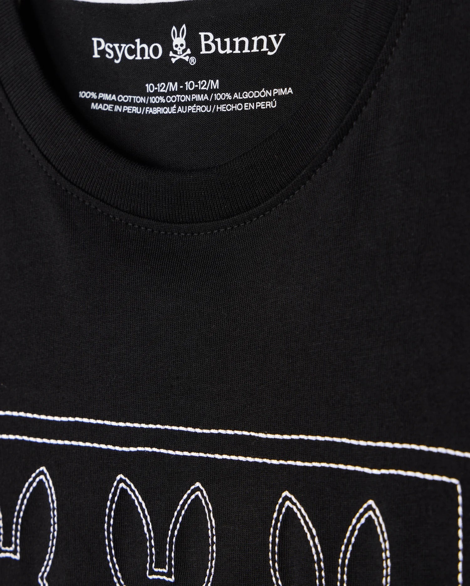 The KIDS TACOMA GRAPHIC TEE - B0U909D200 by Psycho Bunny is a black tee featuring an embroidered design of three bunny outlines on the front, with "Psycho Bunny" text visible on the neck label. Made from 100% Pima cotton, it offers exceptional softness and comfort.