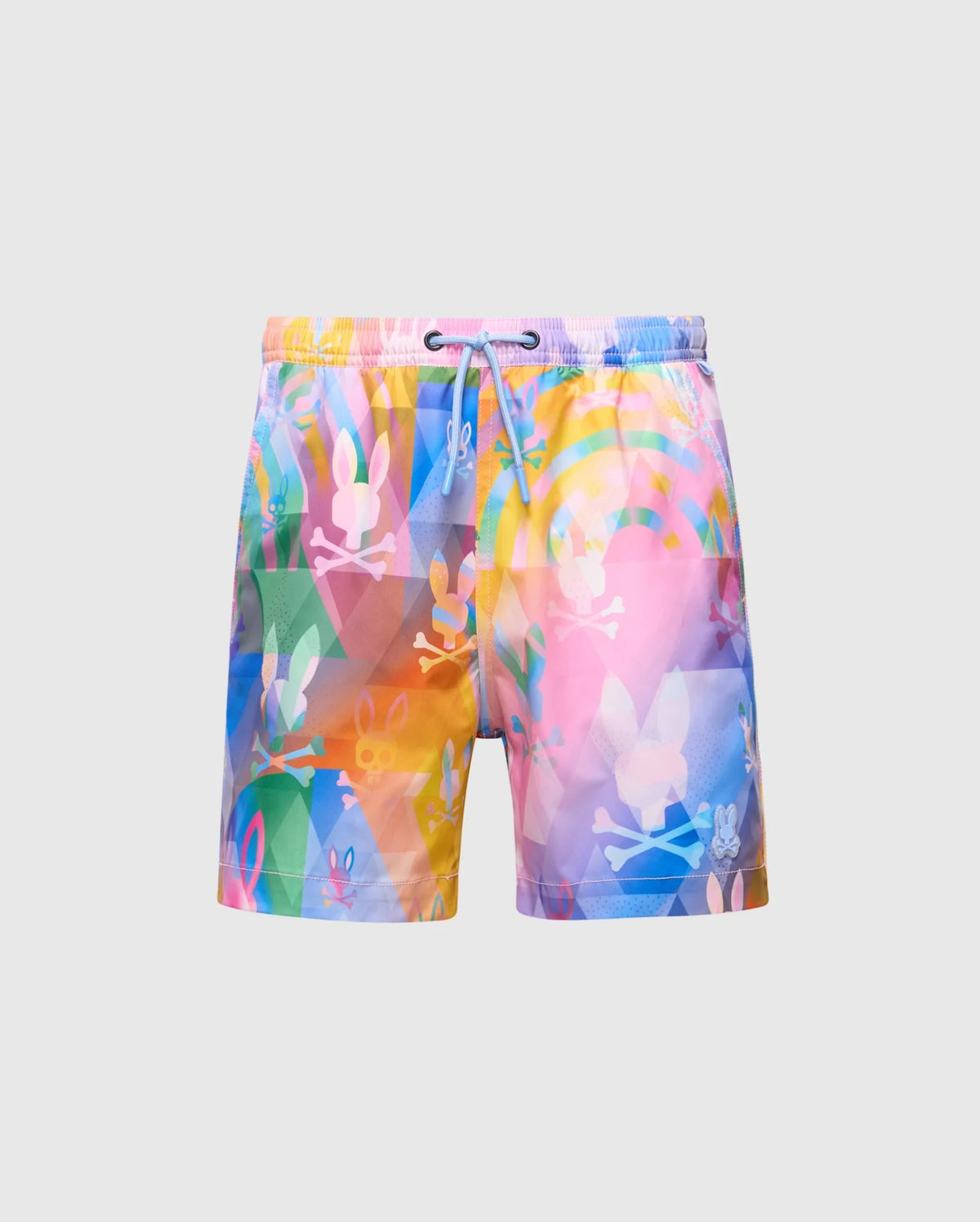 psycho bunny swim trunks feature a vibrant, multicolored geometric and bunny skull print, drawstring waist, and a small embroidered bunny skull logo near the hem.