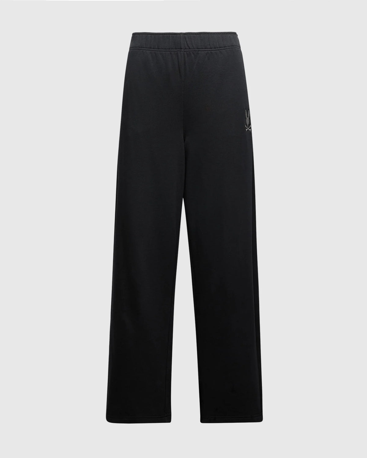 The WOMENS ALEXANDER SWEATPANT - B2P157E200 by Psycho Bunny showcases stylish knit joggers with a relaxed fit and an elastic waistband. These women's black sweatpants feature a subtle logo on the upper left thigh and are crafted from a comfortable cotton blend, all set against a simple, light gray background.