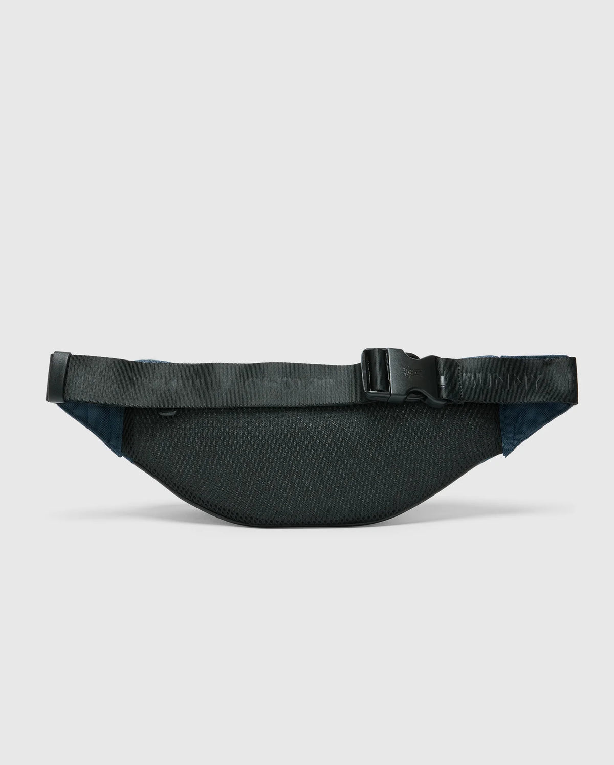 A black nylon MENS CROSS BODY BAG - B6A181E200 by Psycho Bunny features a textured surface with an adjustable strap and buckle. The functional waist bag is displayed against a light gray background.