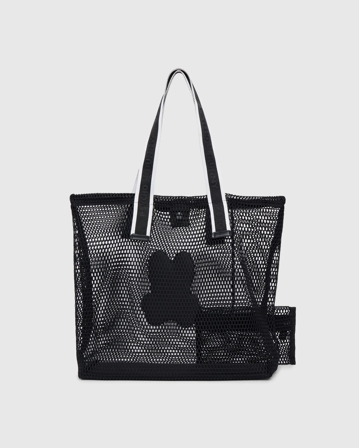 A black mesh tote bag with white handles featuring a medium-size black dog bone design in the center. Inside the tote, there's a detachable zip pouch made of black mesh. The logo-webbing straps add an extra touch of style against the plain white background. This is the MENS MESH TOTE BAG - B6A388B200 by Psycho Bunny.