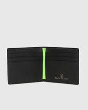 A black grained leather Psycho Bunny wallet with multiple card slots, featuring a vibrant green stripe in the center and a small logo of a 'psycho bunny' on the bottom right corner.